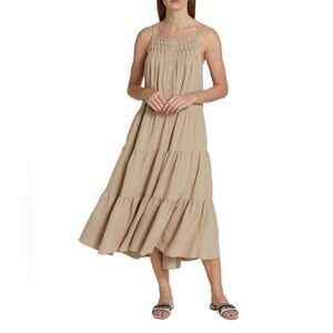 Elie Tahari Tiered Midi Dress Beige Pale Clay Button Front Side Pockets XL NWT